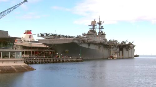 The USS Bonhomme Richard will remain docked at Station Pier for the next few days. (9NEWS)