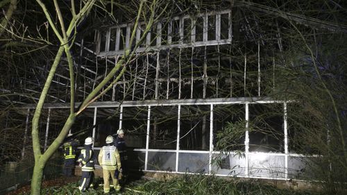 Firefighters stand in front of a burnt out animal house at the Krefeld Zoo in Krefeld, Germany, early Wednesday, Jan. 1, 2020. A large number of animals in the building included chimpanzees, orangutans and two gorillas, as well as fruit bats and birds are dead.