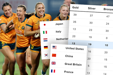 Australia&#x27;s women&#x27;s rugby sevens team (left) and a projected medal tally for the Paris 2024 Olympic Games (right). Graphic by Polly Hanning.
