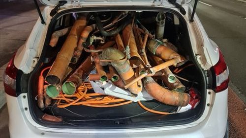 Hï»¿ighway patrol officers uncovered a car full of allegedly stolen copper in Sydney's inner west last week. Copper pipes poking through the windows of the car and a bent number plate sent alarm bells off for NSW police on Sunday.