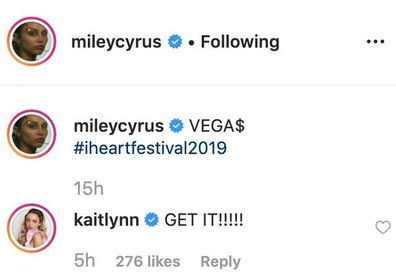Kaitlynn Carter comments on Miley Cyrus' Instagram post.