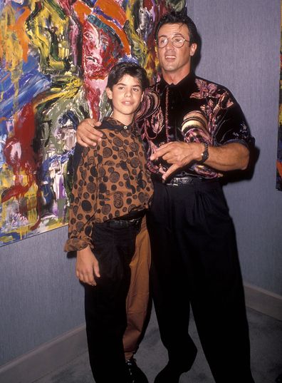 Actor Sylvester Stallone and his son Sage attend the opening night exhibition of Sylvester Stallone's paintings and cocktail reception to benefit Yes on Prop 128 "big green" on September 10, 1990 at the Hanson Galleries in Beverly Hills, California.