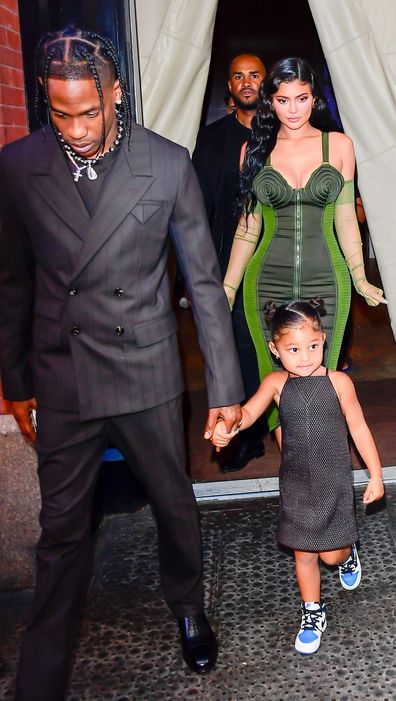  Travis Scott, Kylie Jenner and their daughter Stormi Webster are seen on June 15, 2021 in New York City. 