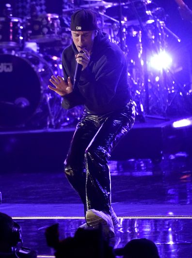 Justin Bieber performs "Peaches" at the 64th Annual Grammy Awards on Sunday, April 3, 2022, in Las Vegas.