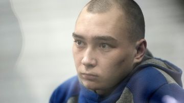 Captured Russian soldier, Sgt. Vadim Shishimarin, 21, attends a court hearing on May 18, 2022 in Kyiv, Ukraine. Sgt. Shishimarin pleaded guilty to shooting a civilian on a bicycle in the village of Chupakhivka, Sumy Region, days after Russia&#x27;s invasion of Ukraine on Feb. 24. The trial of the Russian soldier was the first that Ukraine has conducted since the invasion related to charges that could be considered war crimes. 