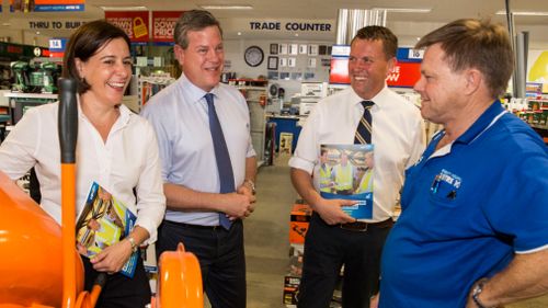 Tim Nicholls toured a hardware shop on day one of the Queensland election campaign. (AAP)