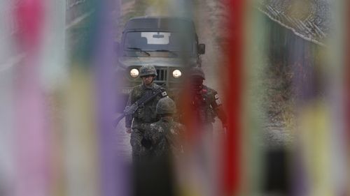 South Korean soldiers patrol on Imjingak Park near the Demilitarized zone (DMZ) in Paju, Gyeonggi-do Province, earlier this month.