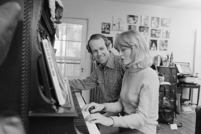 American actor Mike Farrell at home with his wife Judy.