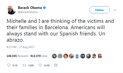 Barack Obama, who made his return to Twitter recently, tweeted his condolences to Barcelona.&nbsp;