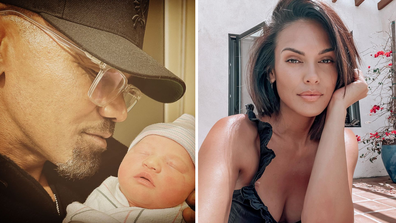 Shemar Moore with new born, split image with partner Jesiree Dizon