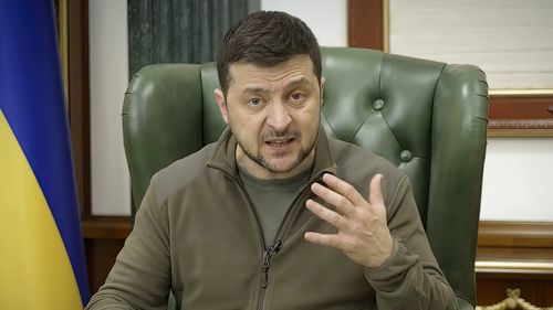 In this image from video provided by the Ukrainian Presidential Press Office and posted on Facebook early Saturday, March 12, 2022, Ukrainian President Volodymyr Zelenskyy speaks in Kyiv, Ukraine