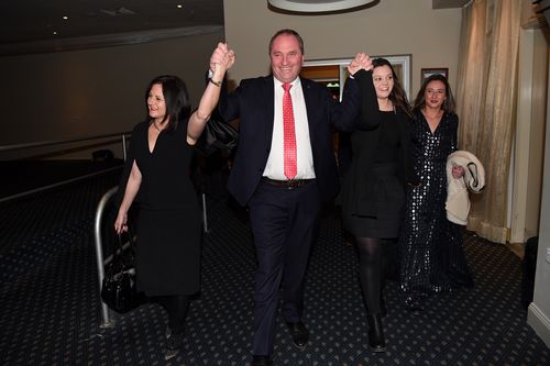 Embattled Nationals leader Barnaby Joyce pictured with his wife and children after winning the seat of New England in 2016. (AAP)