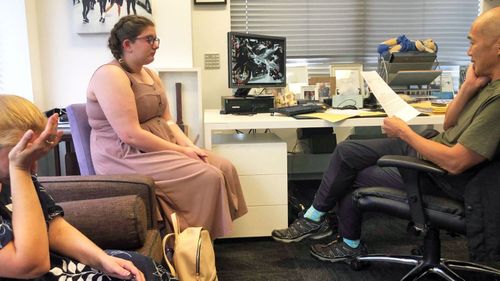 Amelia Hocking (left) with Dr Charlie Teo and her mother Anndrea Hocking.