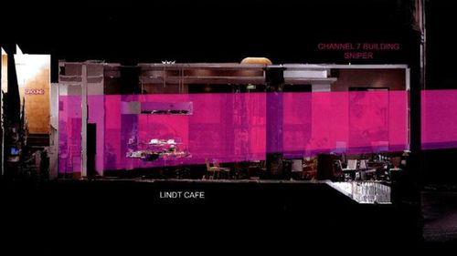 Diagram showing police sniper firing lines from Channel 7 building towards the Lindt Cafe.