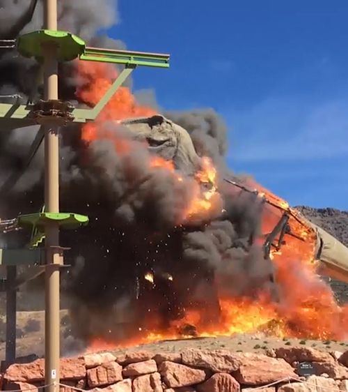 The T-Rex was set ablaze by a suspected electrical fault that turned it into a flaming inferno. Picture: ZACH REYNOLDS/ROYAL GORGE DINOSAUR EXPERIENCE.