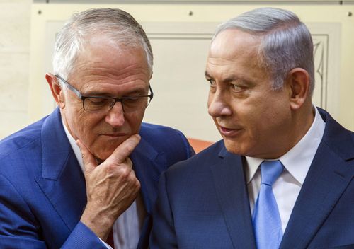 Former Australian Prime Minister Malcolm Turnbull and Israeli Prime Minister Benjamin Netanyahu chat at the opening of an ANZAC museum in the memorial for the fallen in the Battle of Beersheba in 2017.