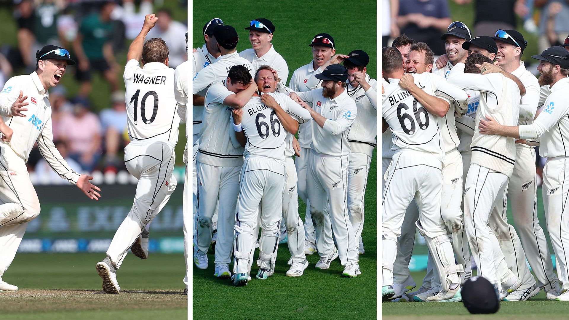 New Zealand players taste the ecstasy of a thrilling win over England, celebrating the wicket of Jimmy Anderson.