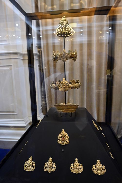 Jewelleries are displayed during a handing over ceremony at Peace Palace, in Phnom Penh, Cambodia, Friday, March 17, 2023. 