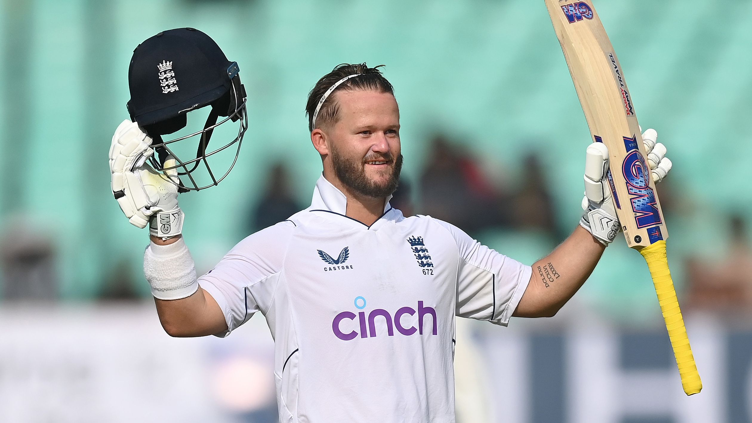 England batsman Ben Duckett reaches his century during day two of the 3rd Test Match between India and England at Saurashtra Cricket Association Stadium on February 16, 2024 in Rajkot, India. (Photo by Gareth Copley/Getty Images)