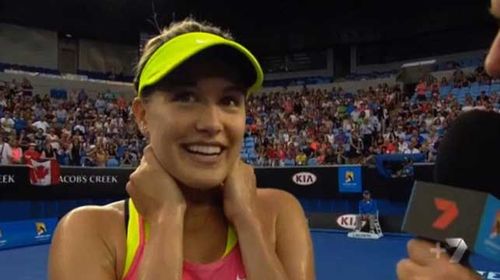 The World No.7 laughed awkwardly and covered her face when asked by commentator Ian Cohen, 'Can you give us a twirl?' 