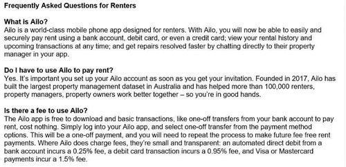 Information provided to Sarah by Ray White which states she has to pay via the Ailo app.