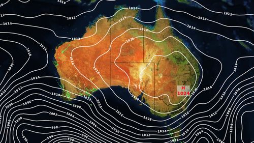 A high-pressure system sits over much of Australia.
