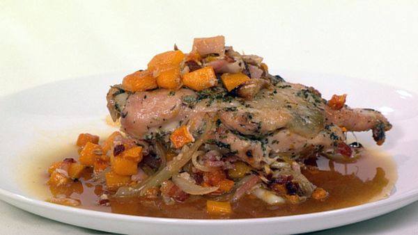 Maple roasted chicken breast with proven&ccedil;al herbs on pumpkin & onions