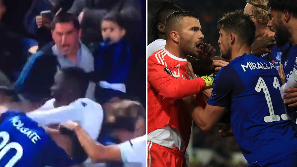 Europa League: Everton fan holding toddler hits Lyon goalkeeper as players fight
