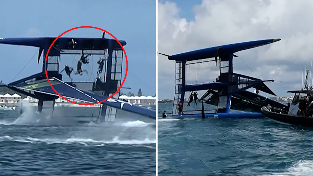 Sailors go flying as the Team USA boat flips during SailGP Bermuda.