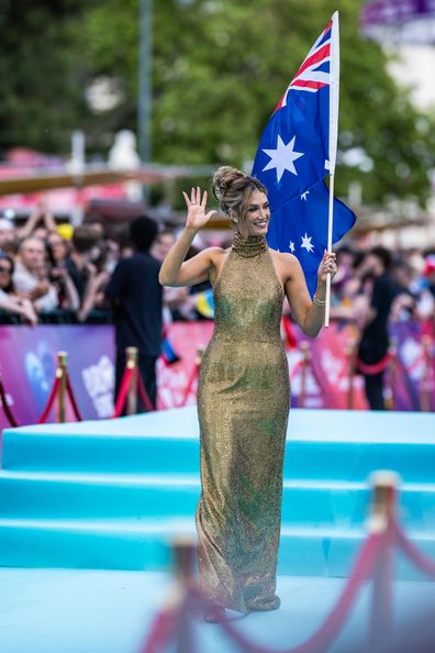 VIENNA, AUSTRIA - MAY 10: Delta Goodrem representing Australia attends the Turquoise Carpet of the 70th Eurovision Song Contest Opening Ceremony at Rathausplatz on May 10, 2026 in Vienna, Austria. The 70th Eurovision Song Contest will be held from May 12 until 17, 2026 at the Wiener Stadthalle in Vienna. (Photo by Christian Bruna/Getty Images)