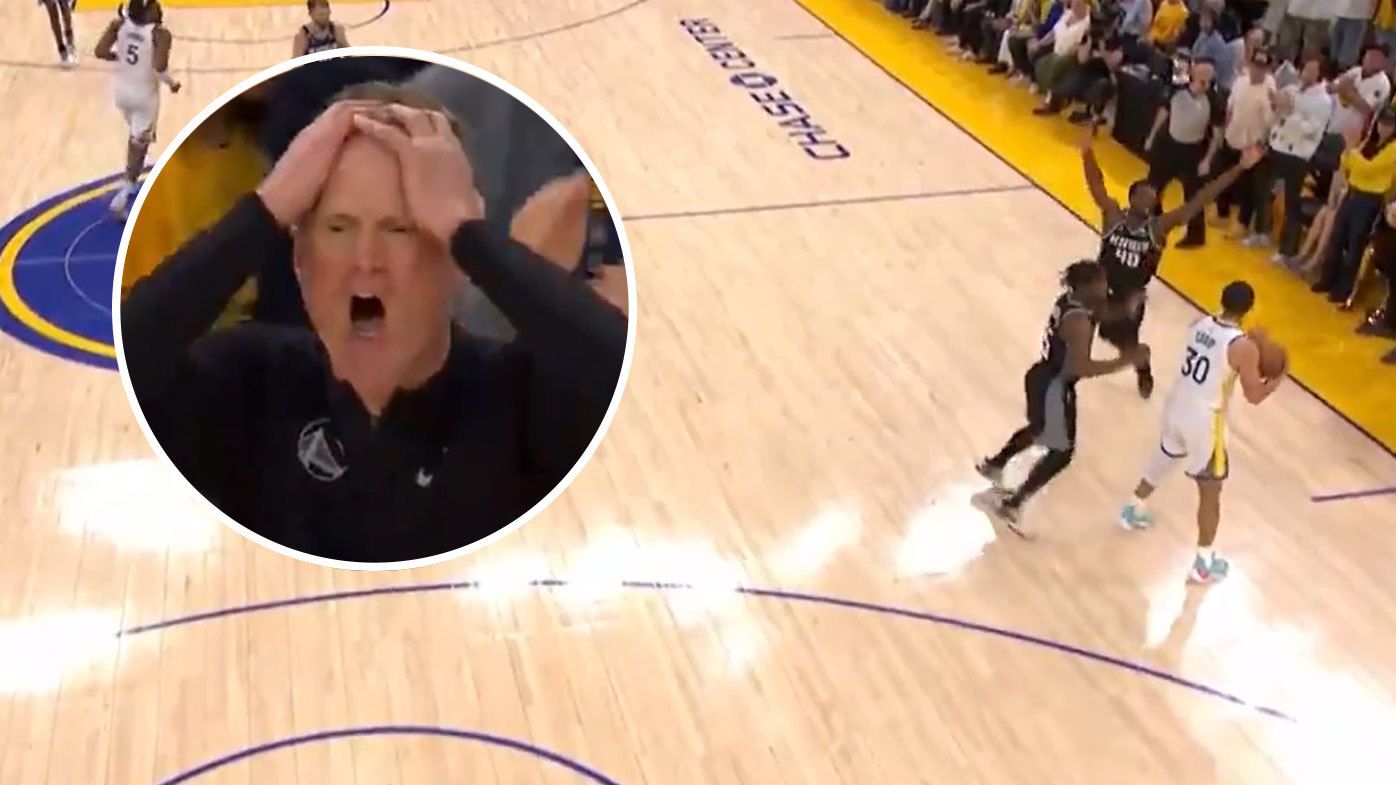 Golden State Warriors coach Steve Kerr reacts as Stephen Curry mistakenly calls a timeout with his team out of them