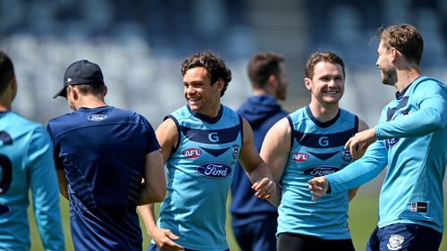 Geelong Cats are seen during the team's training session in Geelong, in the lead up to the First preliminary final against the Adelaide Crows. (AAP)