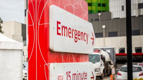 Photo shows tents set up for patients outside the Emergency Department at Box Hill Hospital.