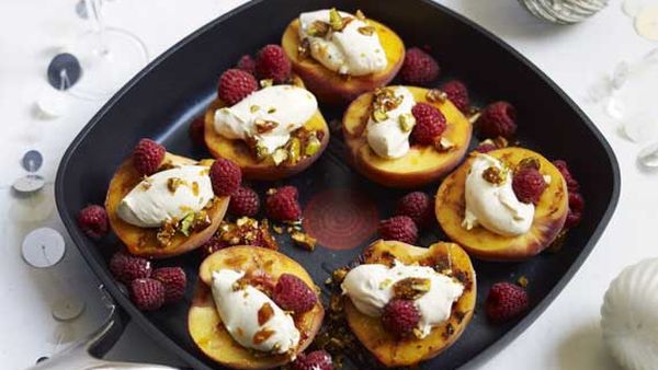 Guillaume Brahimi's grilled yellow peaches with raspberries and pistachios