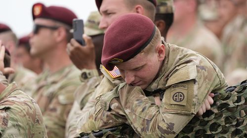 Army soldiers listen as President Donald Trump speaks at Fort Bragg, Tuesday, June 10, 2025, in Fort Bragg, N.C. (AP Photo/Alex Brandon)
