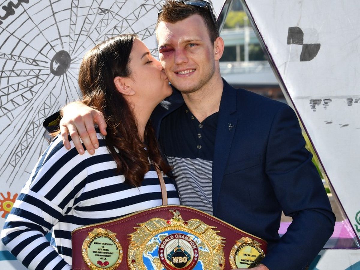 Boxer Jeff Horn is seen with his wife Joanna and child Isabelle during a  media opp at the Caxton Hotel in Brisbane, Wednesday, May 23, 2018. Jeff  Horn will face American Boxer