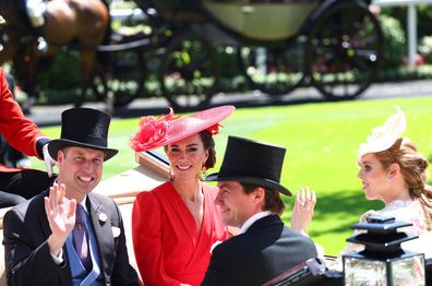 Horse Racing - Royal Ascot - Ascot Racecourse, Ascot, Britain - June 23, 2023  Britain's Prince William, Catherine, Princess of Wales, Britain's Princess Beatrice and Edoardo Mapelli Mozzi are pictured during the royal procession ahead of the day's races REUTERS/Toby Melville
