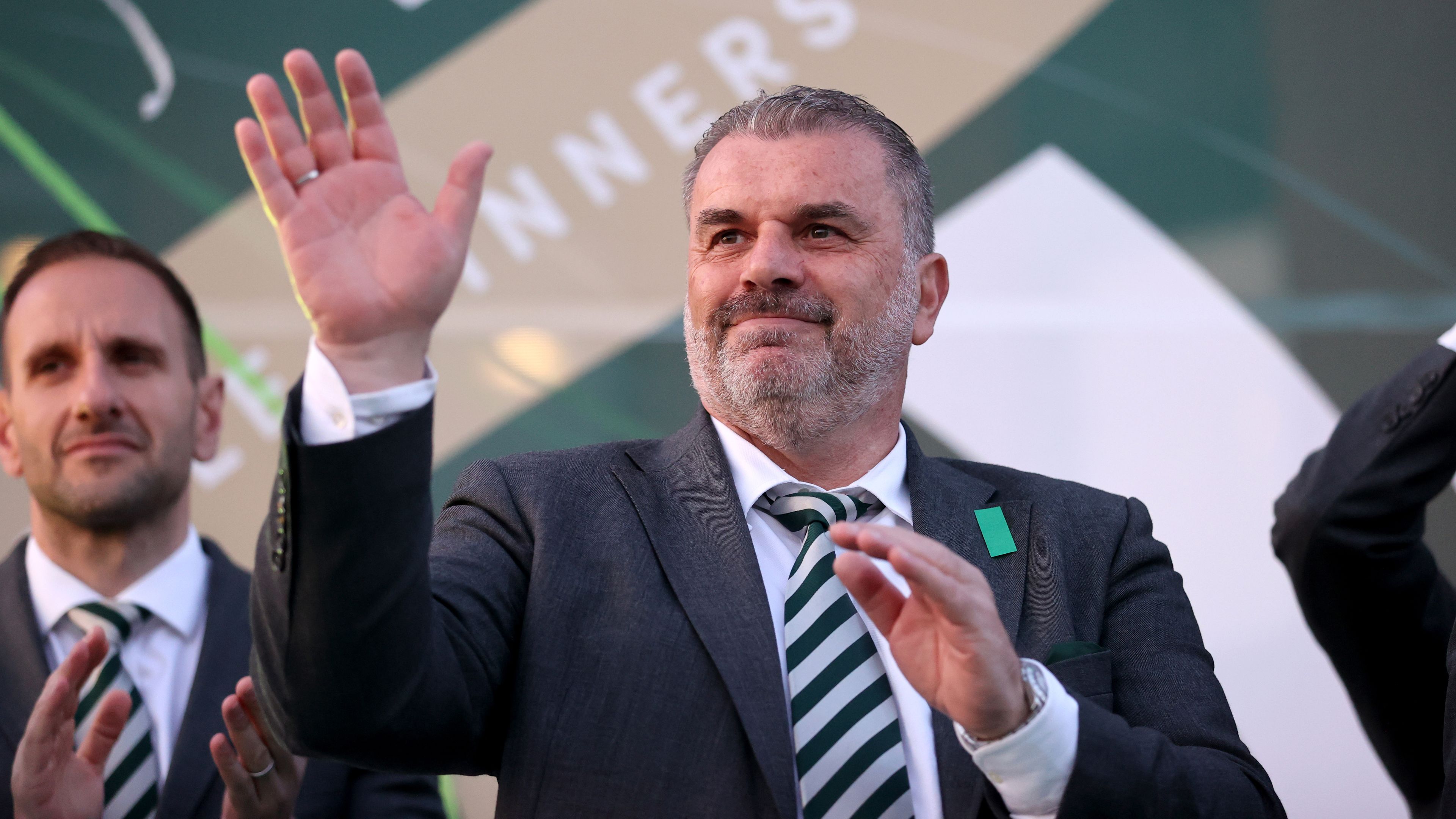 Celtic manager Angelos Postecoglou during celebrations at Celtic Park, Glasgow. Picture date: Saturday June 3, 2023. (Photo by Steve Welsh/PA Images via Getty Images)