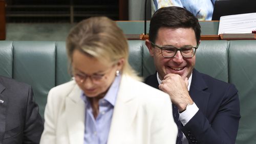 O tesoureiro sombra Ted O'Brien, a líder da oposição Sussan Ley e o líder nacional David Littleproud durante o período de perguntas no Parlamento em Canberra na terça-feira, 25 de novembro de 2025.