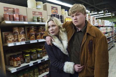 In this image released by FX, Kirsten Dunst, left, and Jesse Plemons appear in a scene from "Fargo." 