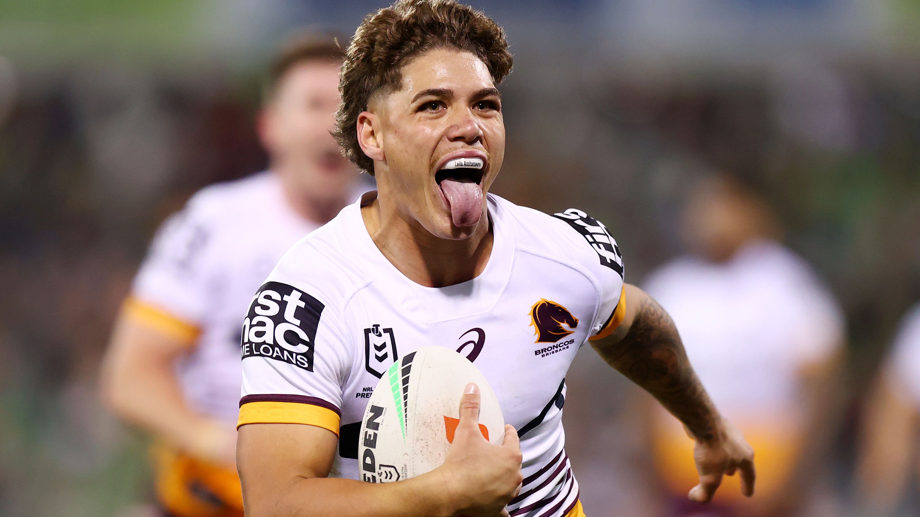 CANBERRA, AUSTRALIA - AUGUST 26: Reece Walsh of the Broncos heads to the try line to score during the round 26 NRL match between Canberra Raiders and Brisbane Broncos at GIO Stadium on August 26, 2023 in Canberra, Australia. (Photo by Mark Nolan/Getty Images)