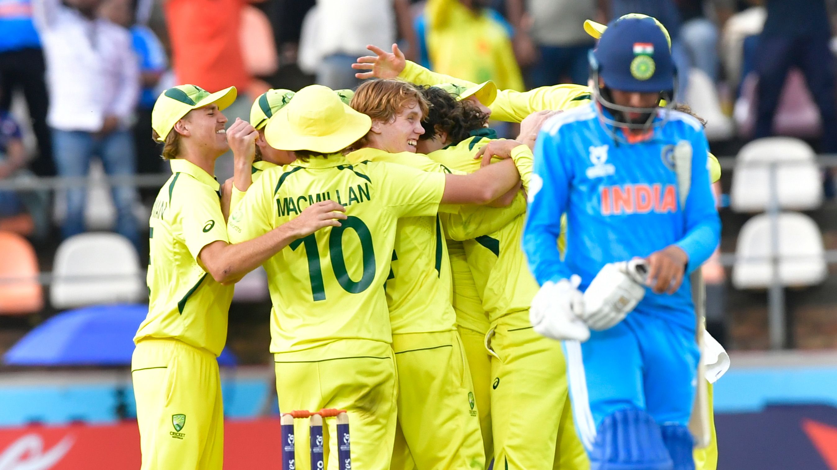 Australia celebrate their under 19 men&#x27;s World Cup victory over India.
