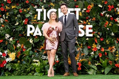 Billie Lourd and Austin Rydell attend the World Premiere of "Ticket to Paradise" at Odeon Luxe Leicester Square on September 07, 2022 in London, England.