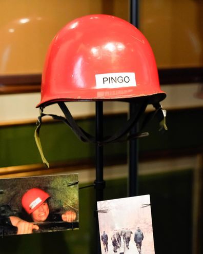 A photo from inside the new exhibition on King Frederik X of Denmark's life, showing his 'Pingo' helmet.