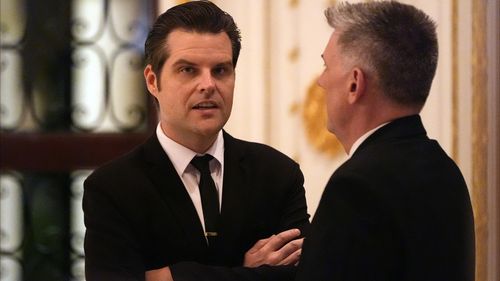 Matt Gaetz speaks before President-elect Donald Trump's speech during the America First Policy Institute gala at his Mar-a-Lago estate, Thursday, Nov. 14, 2024, in Palm Beach, Fla. (AP Photo/Alex Brandon)