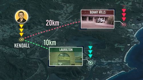 A map showing the distance between the properties searched at Bonny Hills and Laurieton, and where William Tyrell vanished at Kendall. (9NEWS)