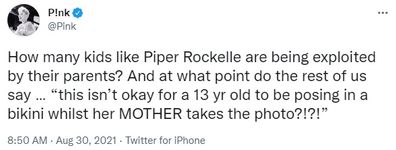 Pink expresses concerns over YouTuber Piper Rockelle's bikini photos.