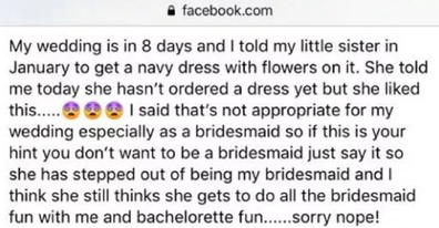 The bride has complained in a Facebook post.