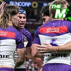 Ryan Papenhuyzen of the Storm celebrates with teammates after scoring a try during the round 16 NRL match between Dolphins and Melbourne Storm at Suncorp Stadium on June 21, 2024, in Brisbane, Australia.