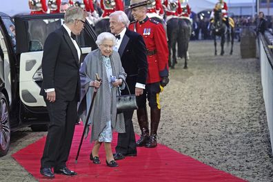 Britain's Queen Elizabeth II arrives for the A Gallop Through History Platinum Jubilee celebration, at the Royal Windsor Horse Show at Windsor Castle, England, Sunday May 15, 2022.